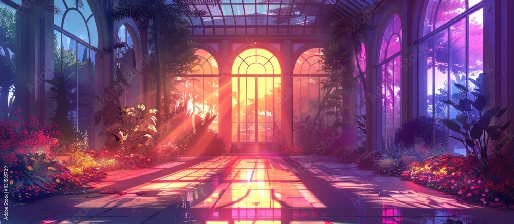 Obraz premium Ornate greenhouse sanctuary filled with vibrant floral enchantment bathed in warm natural light filtering through grand arched windows and ornamental architectural details creating a dreamlike serene