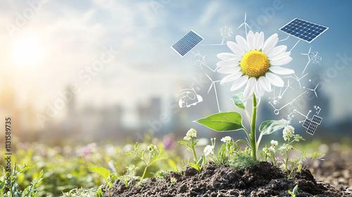 A giant daisy with renewable energy symbols, including solar panels and wind turbines, growing from its petals, representing the growth of green energy solutions. 