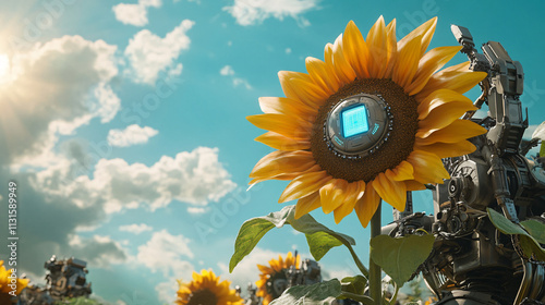 A giant sunflower with technological advancements like robots, AI, and machinery sprouting from it, symbolizing the growth of human ingenuity and industry. 