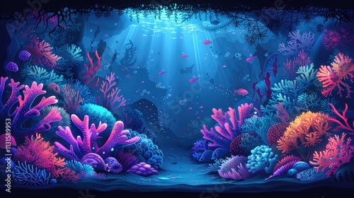 Fototapeta Naklejka Na Ścianę i Meble -  Vibrant underwater coral reef scene with colorful corals, fish, and seaweed, illuminated by sunlight.
