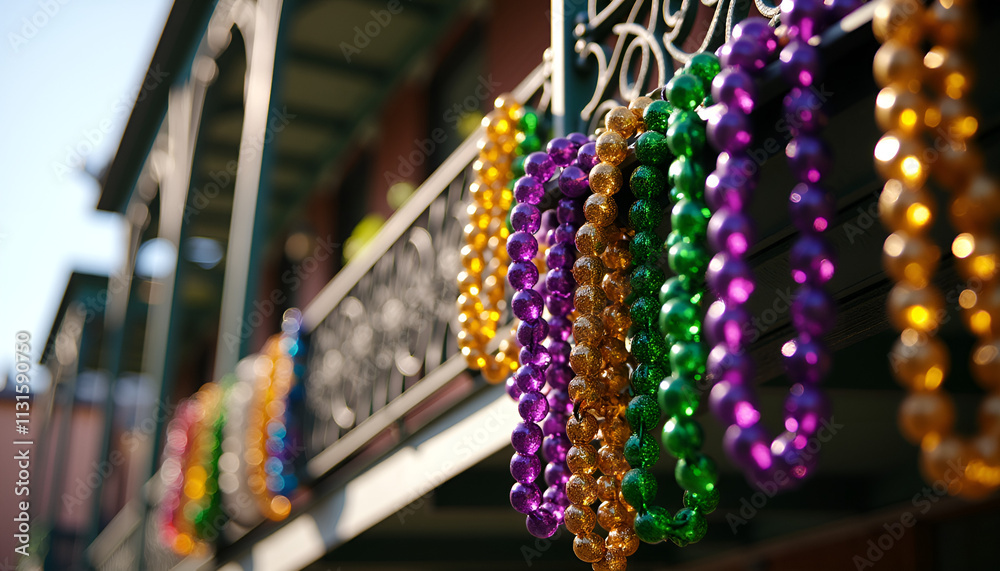 Obraz premium Colorful Mardi Gras beads hanging on a balcony with a blurred background