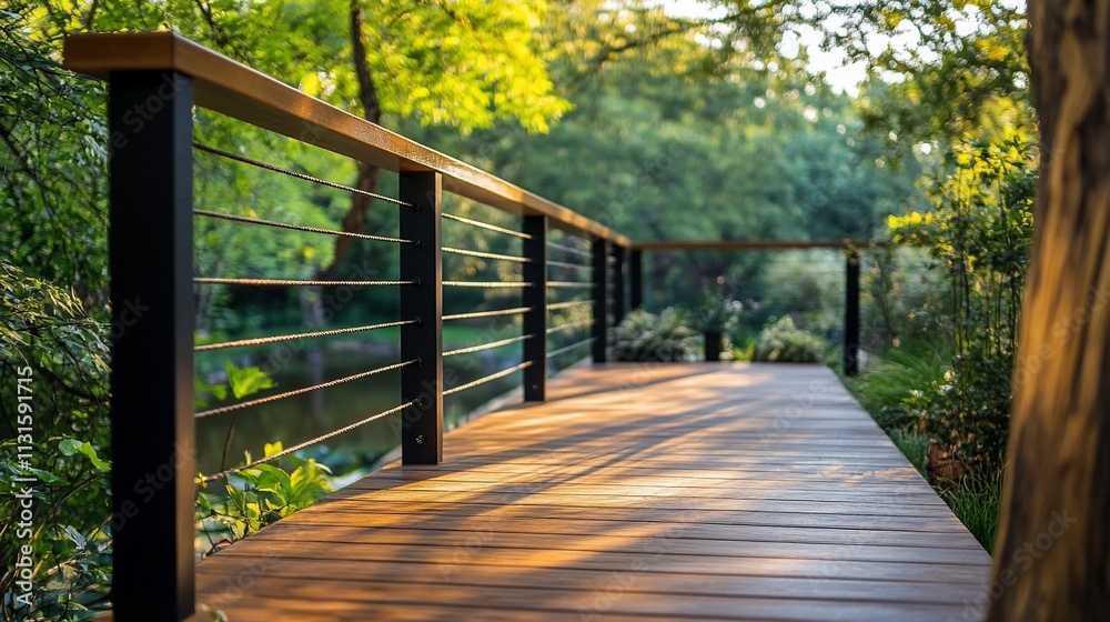 Fototapeta premium Wooden deck path with metal railing in garden.