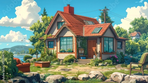 Charming traditional rustic cottage house with lush green garden and plants surrounded by beautiful natural scenery of mountains trees