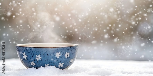 Cozy Winter Drink and Snow Steaming Bowl on Snowy Surface with Dusting of Snowflakes photo