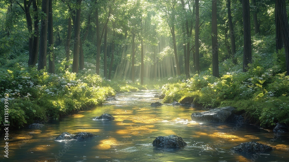 Fototapeta premium Sunlit stream flows through lush green forest.