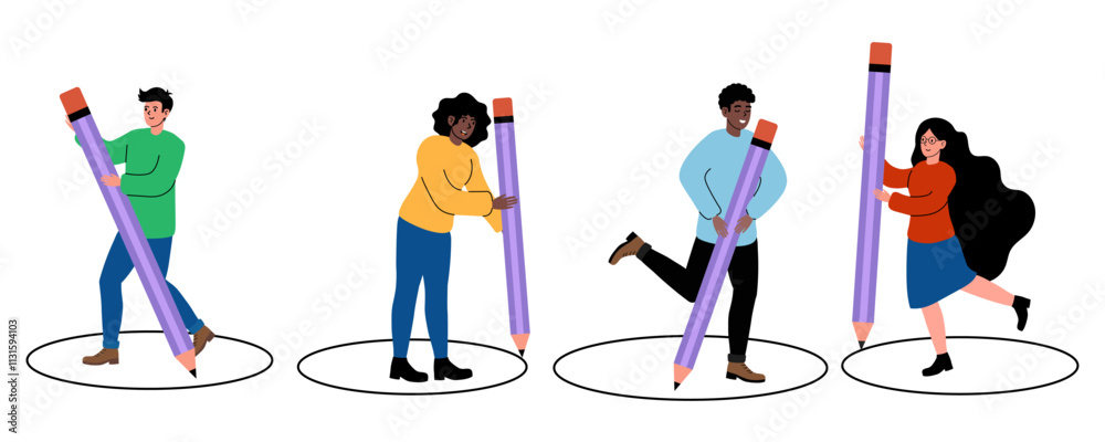 Fototapeta premium People engaged in creative activities with oversized pencils in a playful setting
