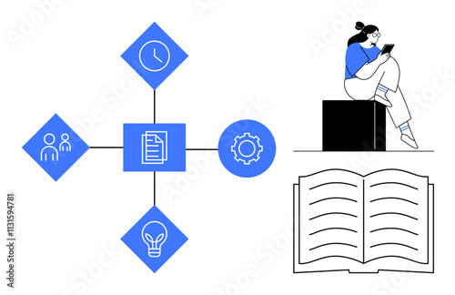 Geometric icons include clock, document, people, bulb, gear, and person reading tablet next to open book. Ideal for project management, collaboration, education planning brainstorming technology photo