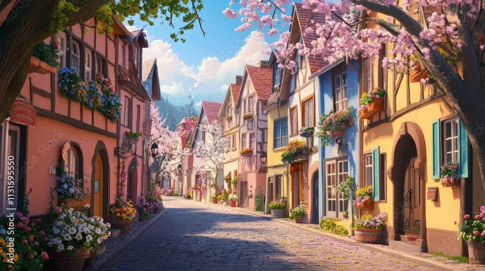 Obraz premium A charming street in a European town lined with colorful pastel buildings, flower boxes on windows, and blooming trees