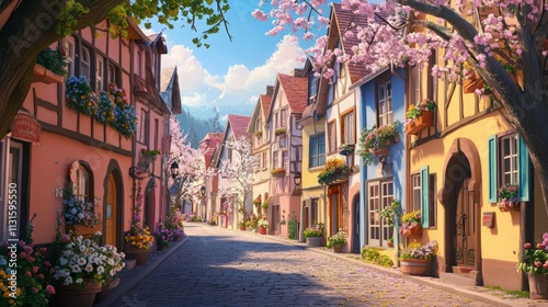 A charming street in a European town lined with colorful pastel buildings, flower boxes on windows, and blooming trees photo