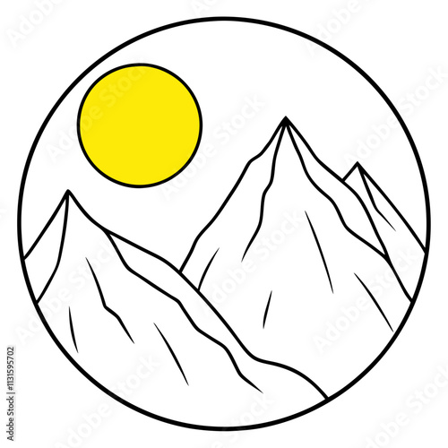 A big round yellow moon with a high mountain peak  ,White Background