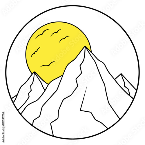 A big round yellow moon with a high mountain peak  ,White Background
