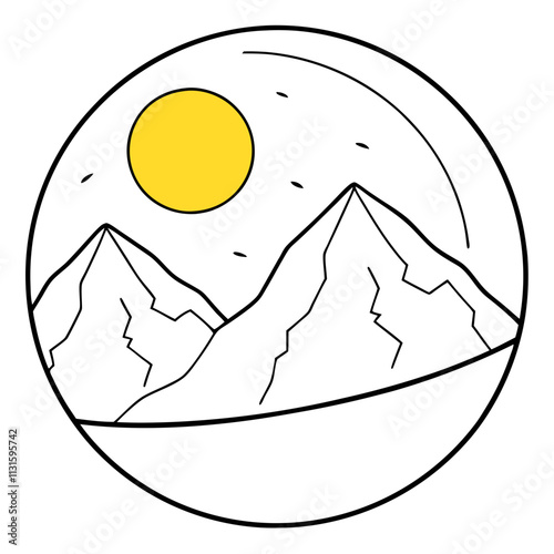 A big round yellow moon with a high mountain peak  ,White Background