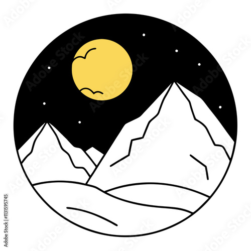 A big round yellow moon with a high mountain peak  ,White Background