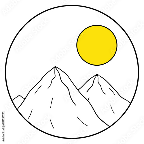 A big round yellow moon with a high mountain peak  ,White Background