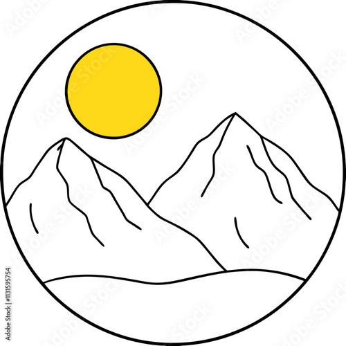 A big round yellow moon with a high mountain peak  ,White Background