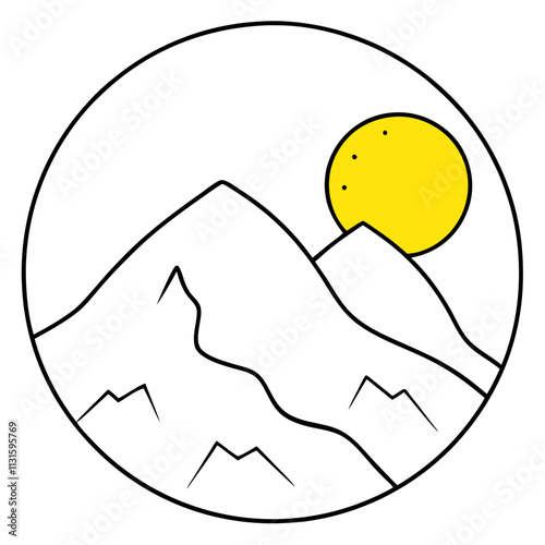 A big round yellow moon with a high mountain peak  ,White Background