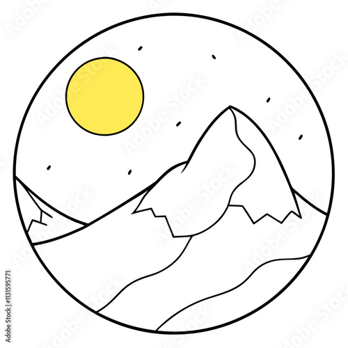 A big round yellow moon with a high mountain peak  ,White Background