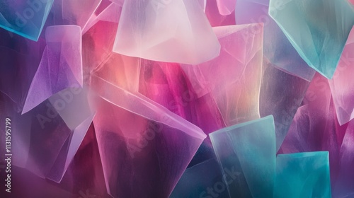 A colorful geometric pattern of overlapping translucent shapes, blending shades of pink, purple, and teal, with soft glowing edges photo