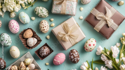 A flat lay of modern Easter gifts, including handmade chocolates, painted eggs, and spring flowers wrapped in elegant paper photo