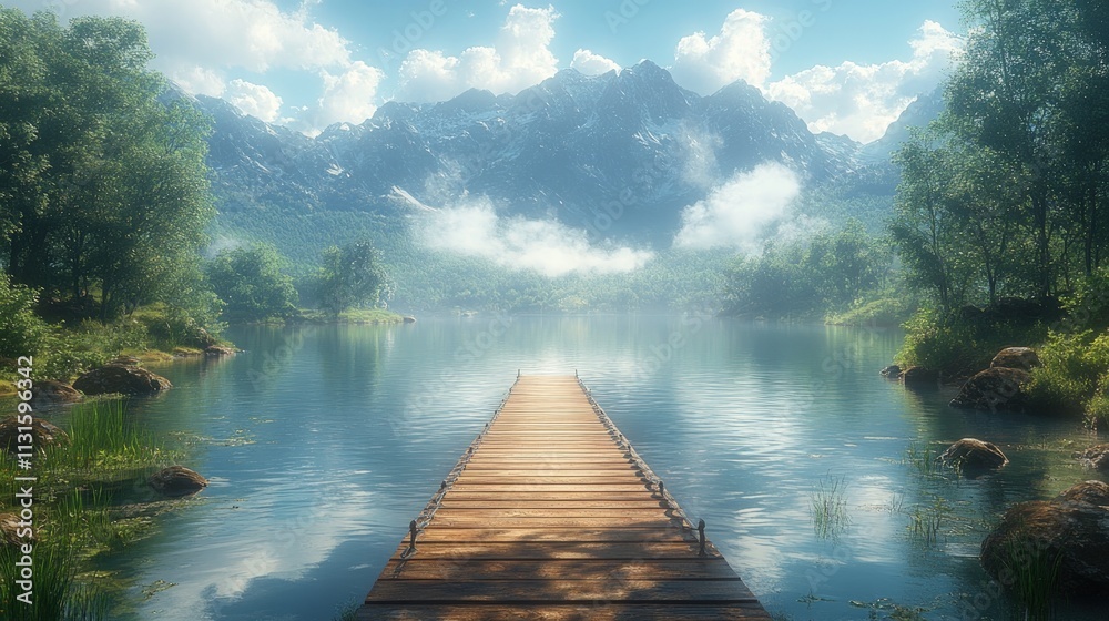 Fototapeta premium Serene lake, wooden dock, majestic mountains.