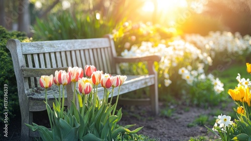 A peaceful garden with tulips and daffodils, a vintage wooden bench, and soft sunlight creating a warm, inviting atmosphere