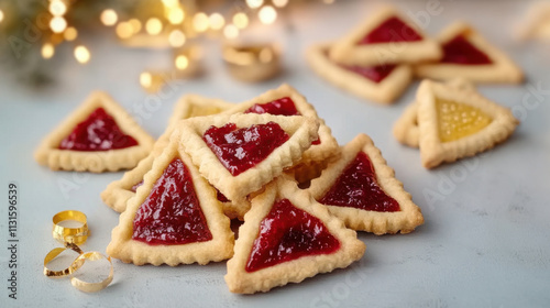 Jewish Festive Delicious Hamantaschen Cookies with Fruity Fillings for Purim Celebration and Baking Inspiration photo