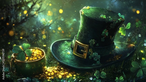 A vibrant green top hat with a black and gold buckle, resting next to a pot of gold and shamrocks