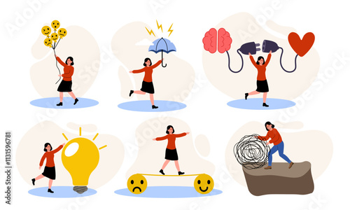 Exploring emotions through playful illustrations representing joy, challenges, and creativity