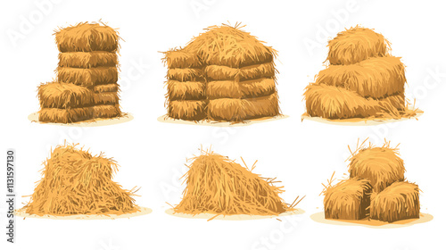 Dry farm haystack, bale, pile and heap stack, straw in rolls, fodder bundle, sack bag isolated agricultural vector set. Rural haycock, countryside grass, wheat