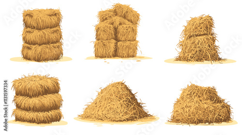 Dry farm haystack, bale, pile and heap stack, straw in rolls, fodder bundle, sack bag isolated agricultural vector set. Rural haycock, countryside grass, wheat