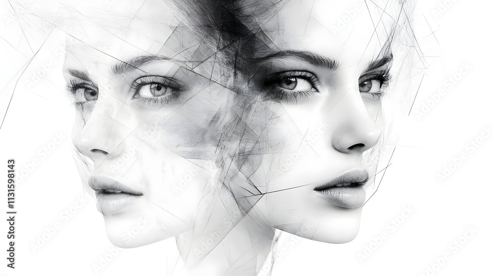 Fototapeta premium Double exposure of female face in an abstract black-and-white style. This digital artwork explores futuristic themes, blending augmented reality, gaming, and innovative technology concepts. 