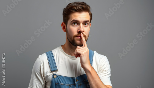 Portrait of impolite brunette man standing putting finger into his nose, fooling around, bad habits, disrespectful behavior, wearing denim overalls. Indoor studio shot isolated on gray background is photo