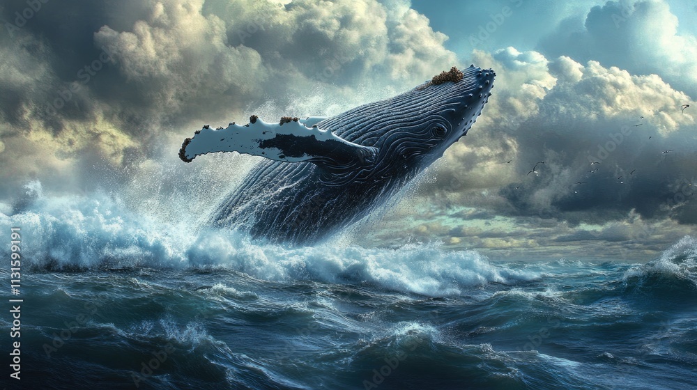 Fototapeta premium Majestic humpback whale breaching ocean waves under dramatic sky.