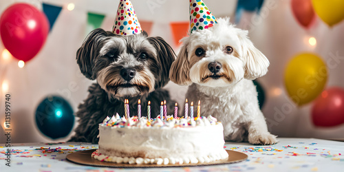  Playful Pets in Party Hats with Cake for Celebration photo