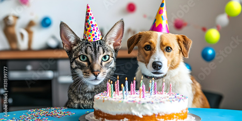 Cat and Dog Celebrating with Party Hats and Cake photo