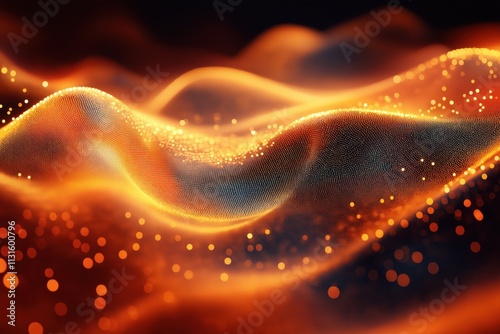 Golden abstract waveforms illuminated with glowing particles and bokeh highlights