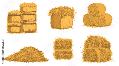 Dry farm haystack, bale, pile and heap stack, straw in rolls, fodder bundle, sack bag isolated agricultural set. Rural haycock, countryside grass, wheat transparent photo