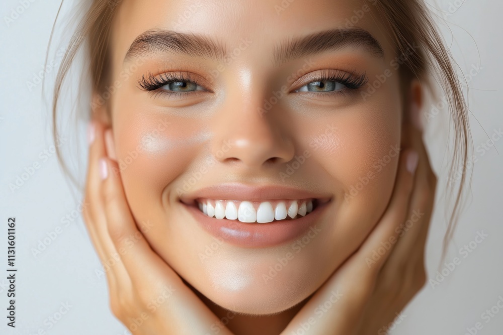 Obraz premium Woman Smiles Brightly While Touching Her Face in Natural Light
