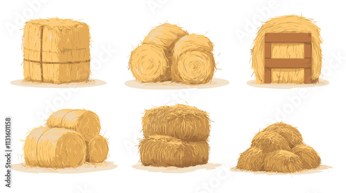 Dry farm haystack, bale, pile and heap stack, straw in rolls, fodder bundle, sack bag isolated agricultural set. Rural haycock, countryside grass, wheat transparent photo