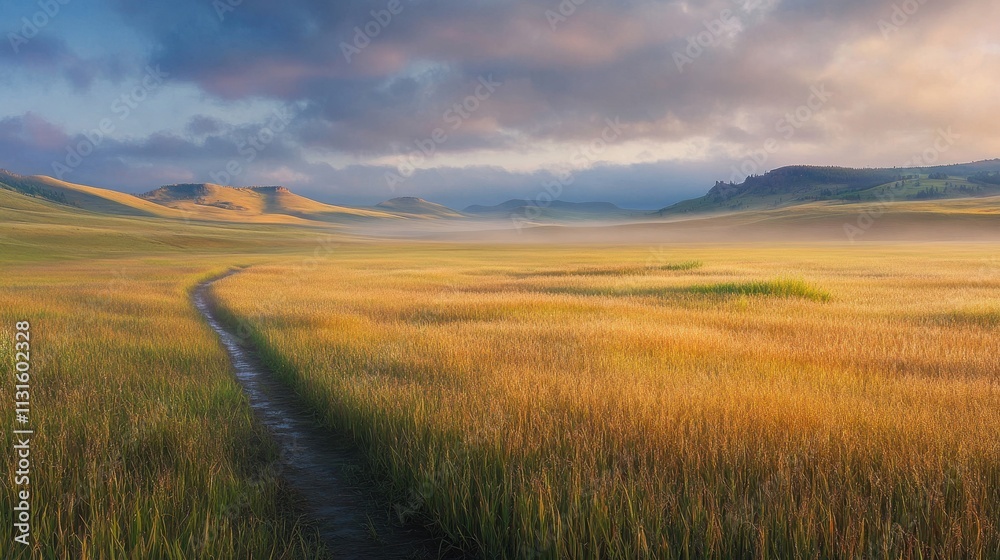 Fototapeta premium Morning Dew on Corn Rows in a Serene Landscape
