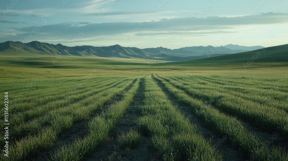 Fototapeta premium Morning Dew on Lush Corn Rows in Tranquil Landscape