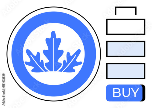 Blue leaf inside a circular badge next to a battery icon showing three levels and a blue BUY button. Ideal for sustainability, eco-friendly products, renewable energy, e-commerce, green technology