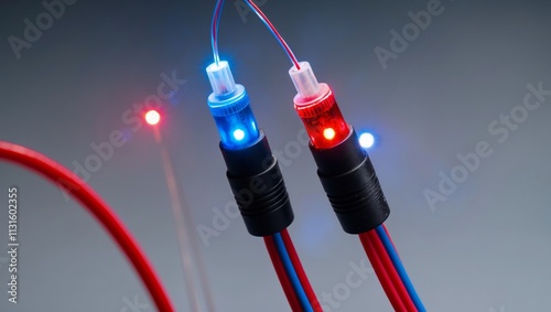 Fiber optic cable closeup with blue and red lights