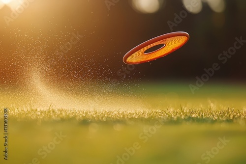 Disc flying through air, sunset, grass, water droplets.  Golden hour, summer activity, sport, leisure.