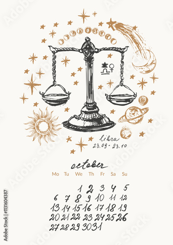 October month calendar with hand drawn libra zodiac signs illustration, planets, sun, moon, stars.