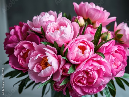 Bouquet of pink peonies and roses with space for text, flowers, petals