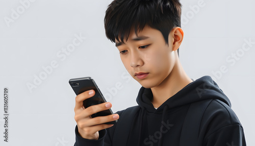sad teenager uses a mobile phone isolated with white highlights, png