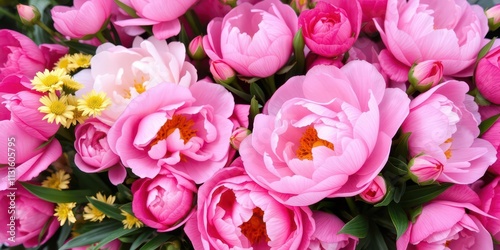 Fresh bouquet of pink peonies and roses arranged beautifully with empty space for text, pink, peonies