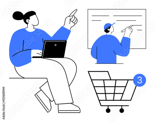 Person holding a laptop and pointing, teacher writing on a board, shopping cart with three items icon. Ideal for e-learning platforms, online courses, shopping websites, digital marketing, education