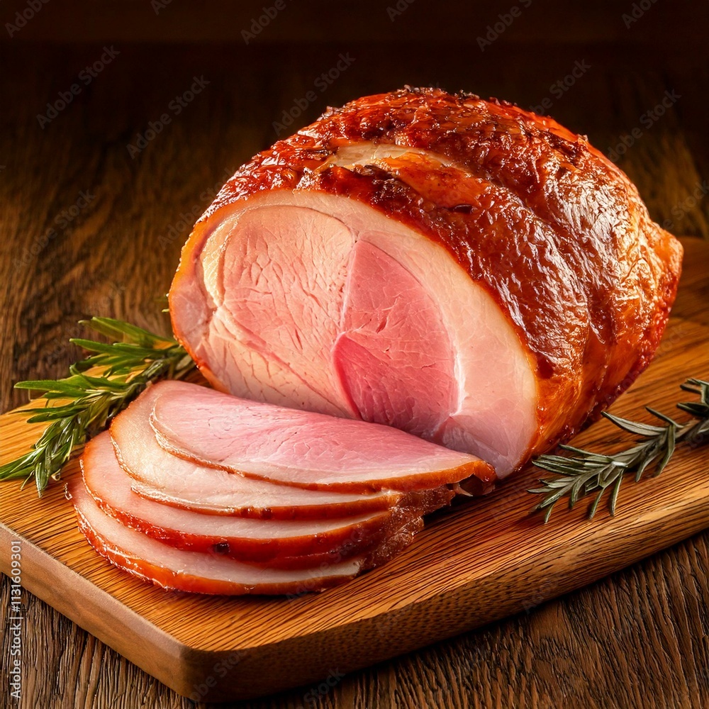 roasted ham on a wooden chopping board